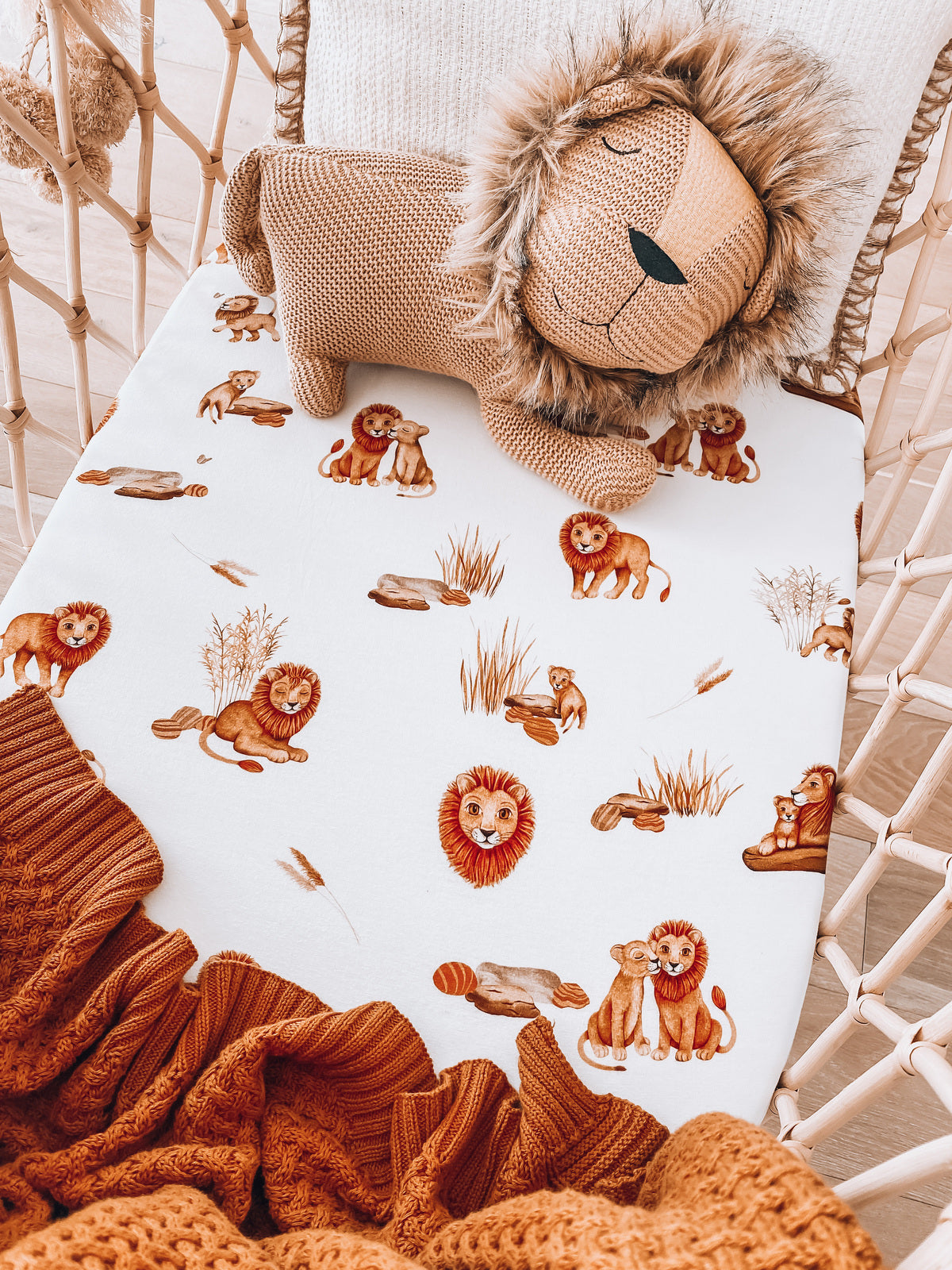 Lion bassinet sheet on a bassinet