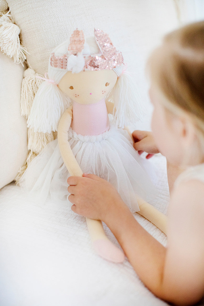 sienna doll pale pink with white tutu and bunny crown 50cm alimrose