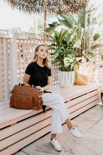 Mum with a triple tote nappy bag in tan