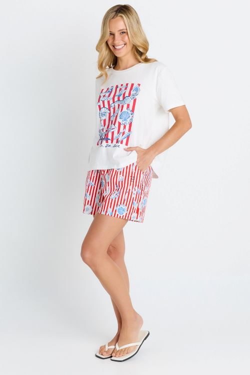 side of the amalfi shorts worn with the ellia crew tee