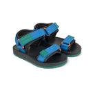 A pair of children's blue and black sandals with green accents and orange details, shown on a plain white background.