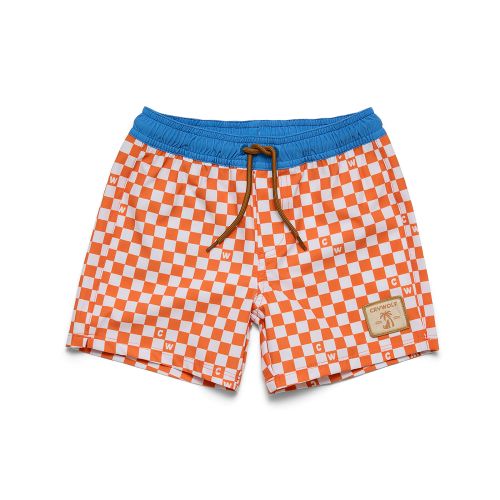 A pair of kids' shorts featuring an orange and white checkerboard pattern with a bright blue elastic waistband, brown drawstring, and a small tan brand patch on the left leg.