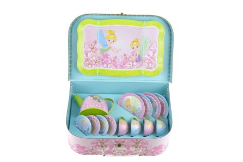 Suitcase with fairy tin tea set inside