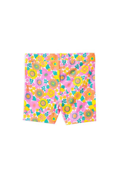 A pair of children's shorts featuring a vibrant, multicolor retro floral pattern with pink, yellow, orange, and green flowers on a white background.