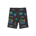 A pair of black swim trunks featuring a colorful tropical pattern with palm trees, fish, waves, and 'Beard's Motel' logos, displayed flat against a white background.