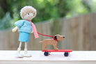 Mr Goodwood and his dog on a skateboard wooden doll