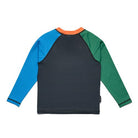 A long-sleeve colorblock rash guard or swim shirt shown from the back, featuring a dark navy/black body, a bright blue right sleeve, a green left sleeve, and an orange collar trim, laid flat on a white background.