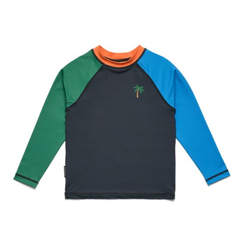 A long-sleeve kids' rash guard with a dark navy body, green right sleeve, blue left sleeve, and an orange collar, featuring a small embroidered palm tree on the left chest.