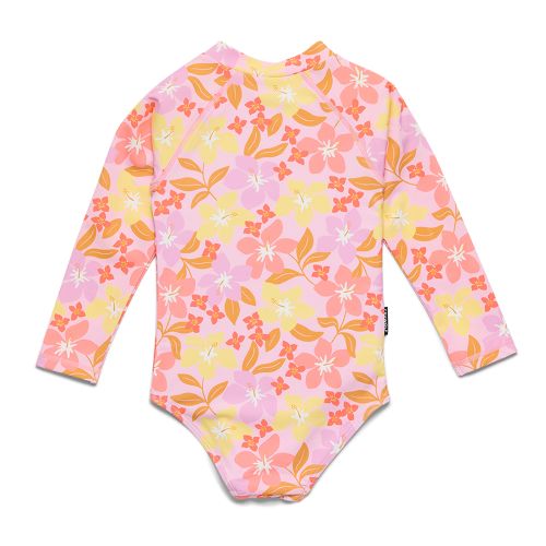 A long-sleeve baby bodysuit with a vibrant floral print in pink, orange, yellow, and white, laid flat against a white background.