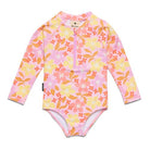 A long-sleeve baby swim shirt with a pink, orange, and yellow floral print, featuring a half-zip neckline and a small black brand tag on the sleeve.