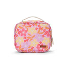 A square zippered lunch bag with a pink, orange, and yellow floral pattern, featuring a top carry handle and a small brown brand patch on the front.