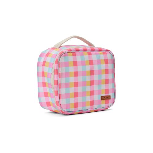 A square soft-sided lunch bag with a pastel pink, yellow, and light blue gingham pattern, featuring a cream-colored top handle and a small brown brand patch on the front.