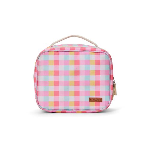 A pink, yellow, and light blue gingham patterned lunch bag with a beige handle and a small brown brand patch on the front, shown on a white background.