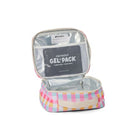 An open insulated lunch bag with a pastel plaid exterior and a silver interior, shown on a white background. Inside, a mesh pocket holds a dark gray Crywolf Gel Pack.