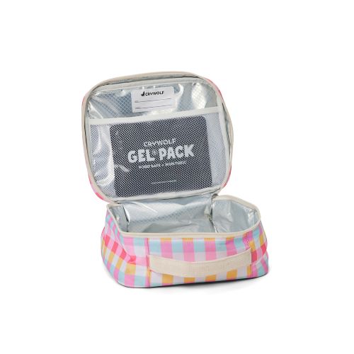 An open insulated lunch bag with a pastel plaid exterior and a silver interior, shown on a white background. Inside, a mesh pocket holds a dark gray Crywolf Gel Pack.