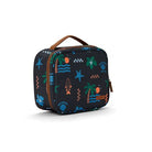 A rectangular insulated lunch bag with a top handle, featuring a dark navy blue background with a tropical beach print including palm trees, starfish, seashells, and orange seagulls. The bag has brown leather trim and handle, and a small brown leather tag.