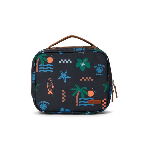 A rectangular zippered lunch bag with a top handle, featuring a dark navy blue background with a tropical seaside print including palm trees, starfish, waves, and the words 'Seaside Motel' 