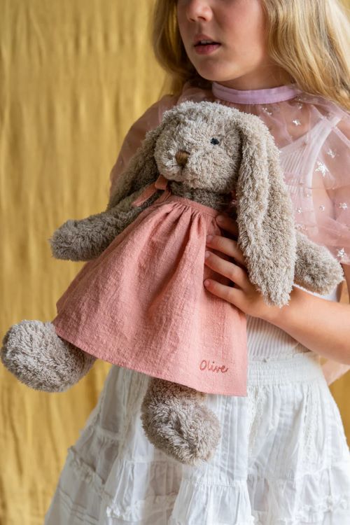 Mrs Honey bunny in pink dress being held by a little girl