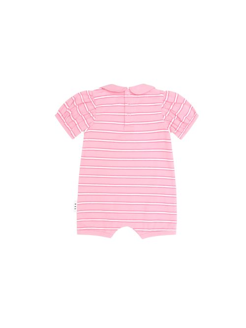 A pink short-sleeve baby romper with thin white horizontal stripes, shown from the back on a plain white background.