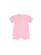 A pink short-sleeve baby romper with thin white horizontal stripes, shown from the back on a plain white background.