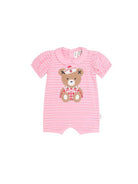 A pink baby short-sleeve romper with thin white horizontal stripes and a teddy bear applique on the chest, shown against a plain white background.