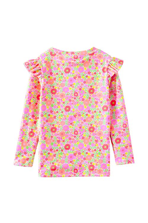 A long-sleeve children's top with a vibrant pink, orange, and green floral print, featuring ruffled shoulder details, shown against a plain white background.