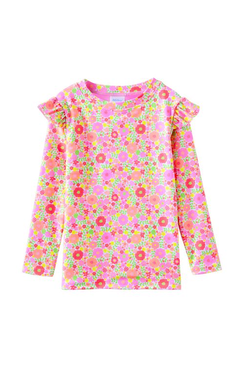A girls' long-sleeve top with a vibrant pink, orange, and green floral print, featuring ruffled shoulder details, shown against a plain white background.