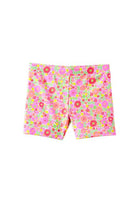 Pink floral patterned swim shorts with a dense print of pink, red, green, and yellow flowers, shown flat on a white background.