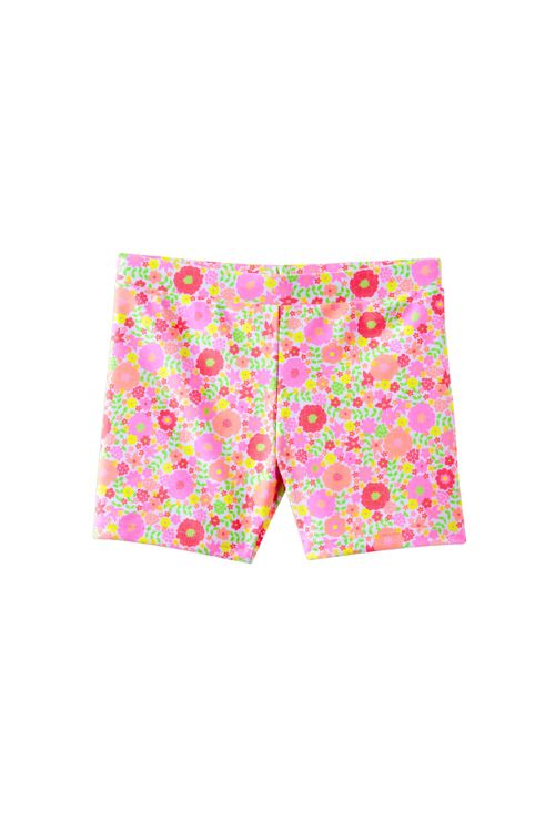 Pink floral patterned swim shorts with a dense print of pink, red, green, and yellow flowers, shown flat on a white background.
