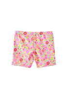 A pair of girls' swim shorts featuring a vibrant, dense floral pattern in pink, orange, green, and red on a light pink base, shown flat against a white background.