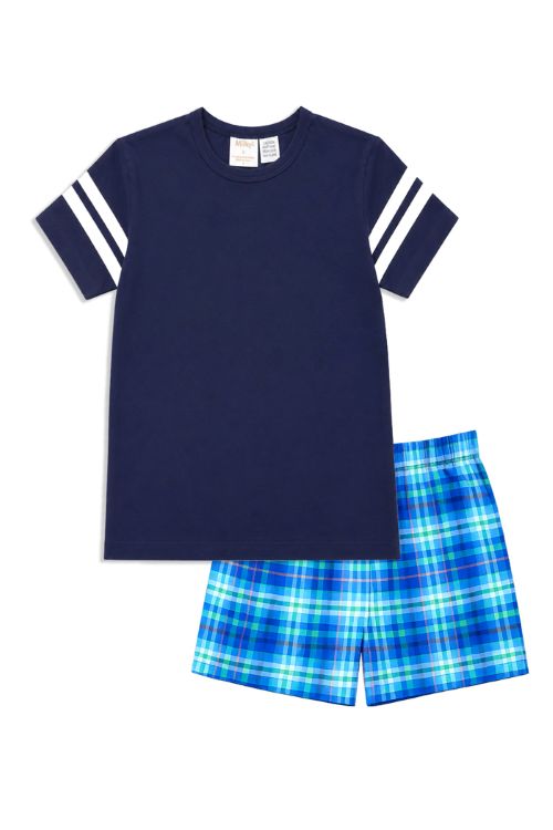 A two-piece kids' pajama set featuring a navy blue short-sleeve top with white stripes on the sleeves and matching blue, yellow, and white plaid shorts, displayed on a solid white background.