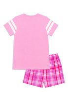 A children's two-piece pajama set featuring a light pink short-sleeve t-shirt with white stripes on the sleeves and matching pink plaid shorts with red and blue lines, displayed on a solid white background.