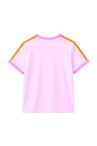 A light pink short-sleeve t-shirt with contrasting orange stripes on the shoulders and pink trim on the collar and sleeve cuffs, shown against a plain white background.