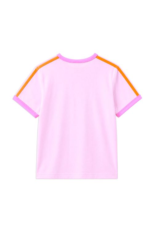 A light pink short-sleeve t-shirt with contrasting orange stripes on the shoulders and pink trim on the collar and sleeve cuffs, shown against a plain white background.