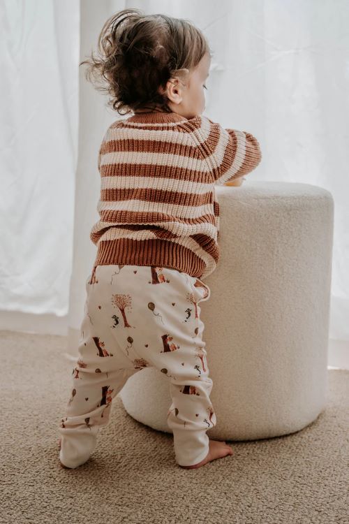 Toddler standing with Autumn bears slouch pants on