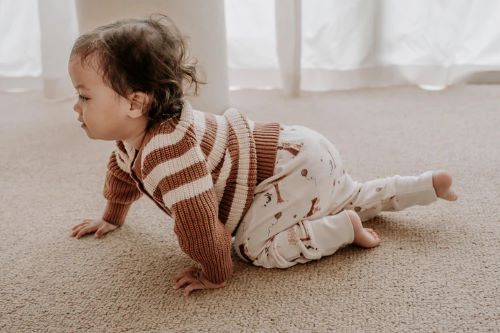 Toddler crawling in autumn bears slouch pants