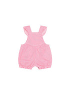 Pink and white vertically striped baby romper with ruffled shoulder straps, shown flat on a white background.