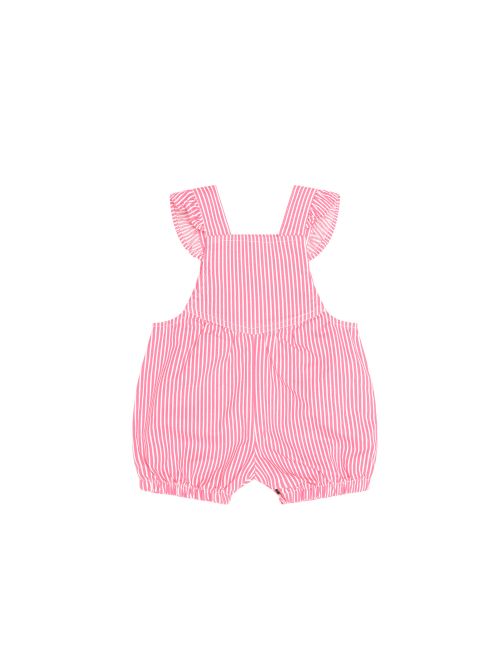 Pink and white vertically striped baby romper with ruffled shoulder straps, shown flat on a white background.