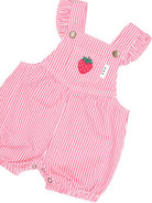 Pink and white striped baby romper with ruffled shoulder straps, a front pocket with a strawberry applique, and snap closures at the crotch.