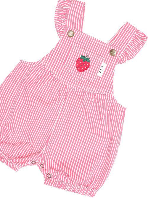 Pink and white striped baby romper with ruffled shoulder straps, a front pocket with a strawberry applique, and snap closures at the crotch.