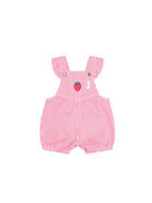 Pink and white striped baby romper with ruffled shoulder straps and a small embroidered strawberry on the chest, shown flat on a white background.