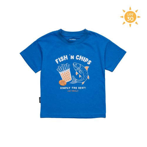 A bright blue kids' short-sleeve t-shirt with a 'Fish 'n Chips' graphic on the front, displayed flat against a white background with a yellow 'UPF 30' sun icon in the top right corner.