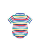 A short-sleeve baby bodysuit with horizontal multicolor stripes in blue, red, yellow, green, and navy, displayed flat against a white background.