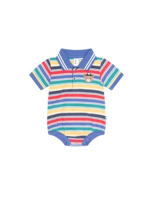 A baby short-sleeve polo romper with horizontal stripes in blue, red, yellow, green, and navy, featuring a blue collar, snap-button placket, and a small bear patch on the chest.