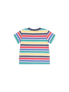 A short-sleeve striped t-shirt shown from the back, featuring horizontal stripes of red, blue, green, yellow, and navy on a white background.
