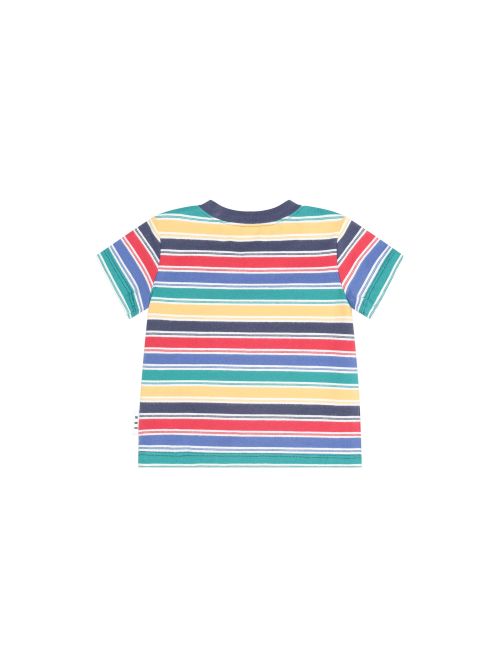 A short-sleeve striped t-shirt shown from the back, featuring horizontal stripes of red, blue, green, yellow, and navy on a white background.