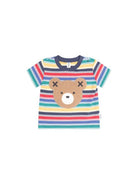 A toddler's short-sleeve striped t-shirt featuring a brown teddy bear face graphic on the front. The shirt has horizontal stripes in multiple colors including blue, green, yellow, orange, and red, with a navy blue collar.