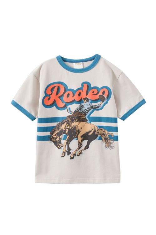 A kids' short-sleeve ringer t-shirt in off-white, featuring a blue collar and sleeve trim, with a graphic print of a cowboy on a bucking horse and the word 'Rodeo' in orange and blue.