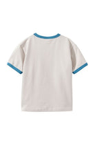 The back of a short-sleeve ringer t-shirt in off-white with contrasting blue trim on the collar and sleeve cuffs, shown against a plain white background.