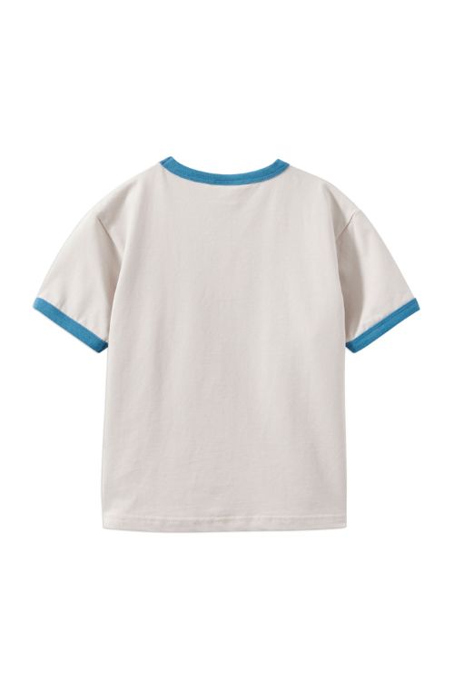The back of a short-sleeve ringer t-shirt in off-white with contrasting blue trim on the collar and sleeve cuffs, shown against a plain white background.